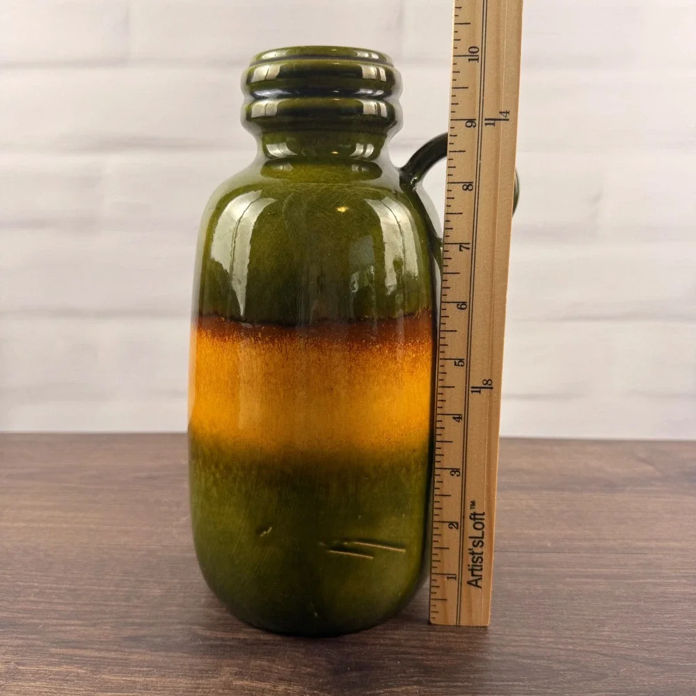 Scheurich 413-26 West German Pottery Krug Handled Vase Green Amber